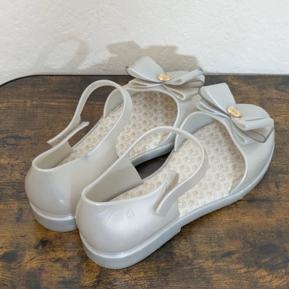 Mini Melissa Barbie Jelly Sandals Metallic White Bow Heart Vegan Big Kid Flats 4